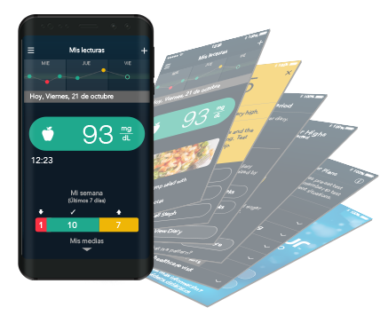 Pantalla de CONTOUR®DIABETES app en un teléfono móvil con distintas pantallas de aplicaciones junto al teléfono.